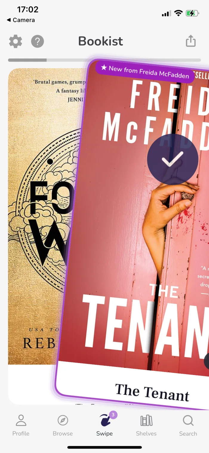 Bookist swipe screen — shelving a book mid-swipe
